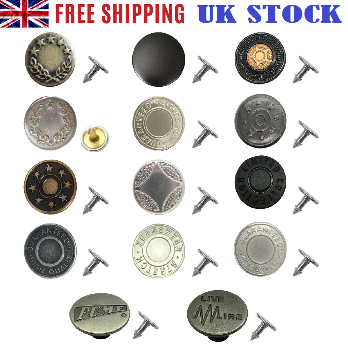 Lot De 15 Boutons De Jean Métal, 17 Mm, Sans Couture, Amovibles, Neufs