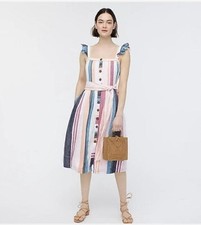 NWT $128 J CREW Striped Button-up Midi Linen Ruffle Dress SZ 6 Vacation Ready!