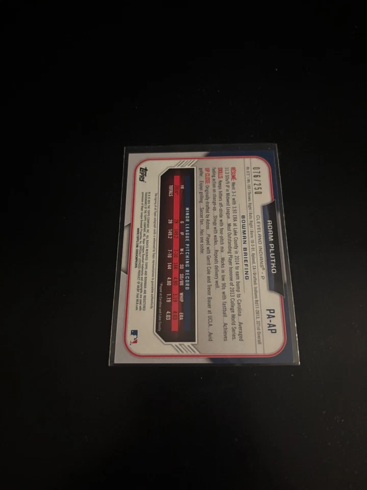 Adam Plutko 2015 Bowman 1st Auto Purple /250 Indians PA-AP - Image 2 of 2