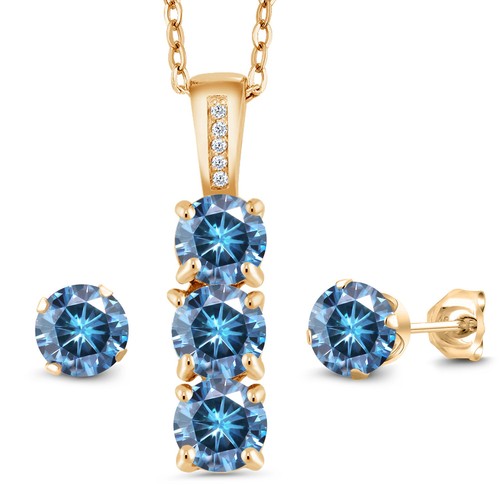 18K Yellow Gold Plated Silver Persian Blue Moissanite and Diamond Pendant and
