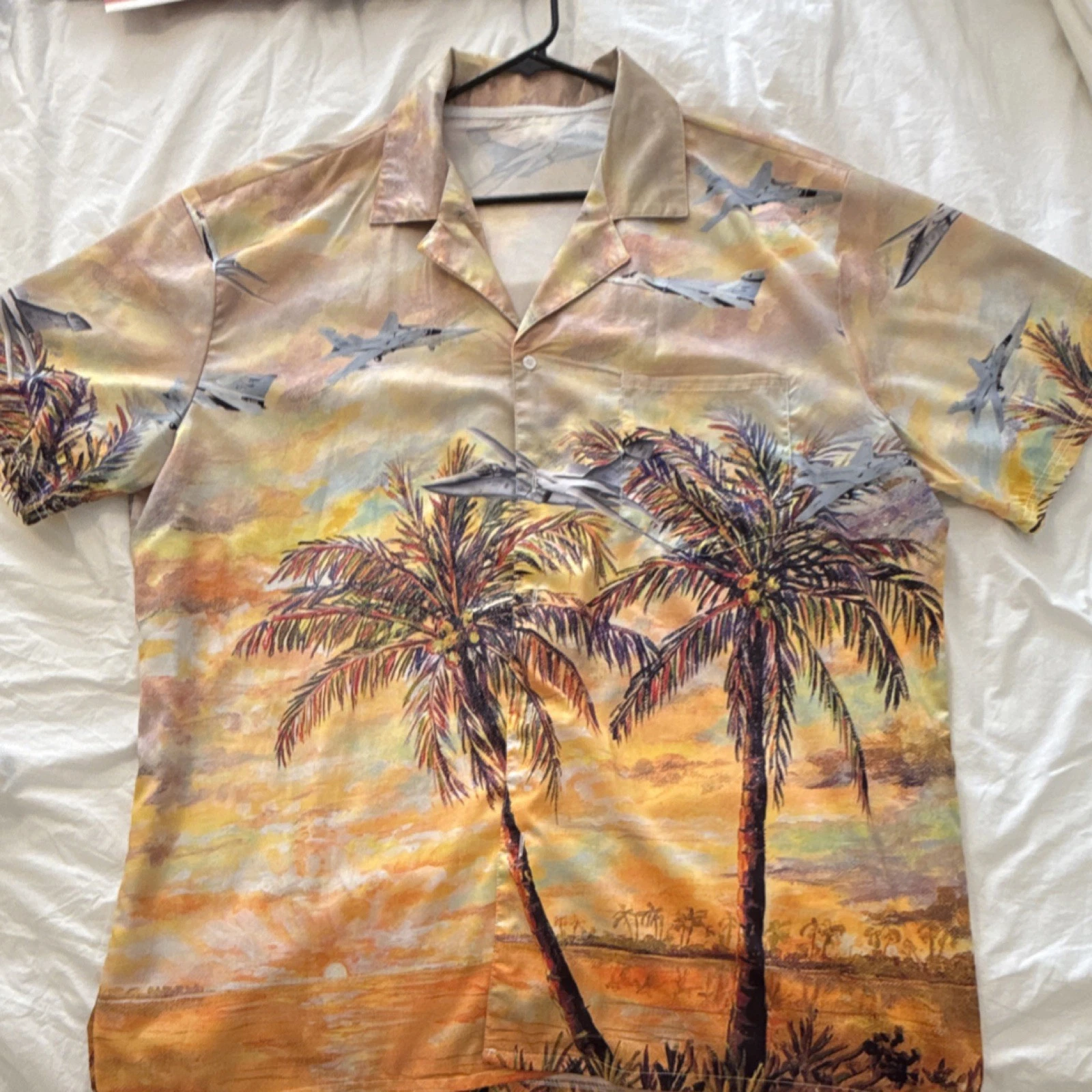 Palm Tree Jets Graphic Print Men's Short Sleeve Button-Up Shirt. Tropical Beach