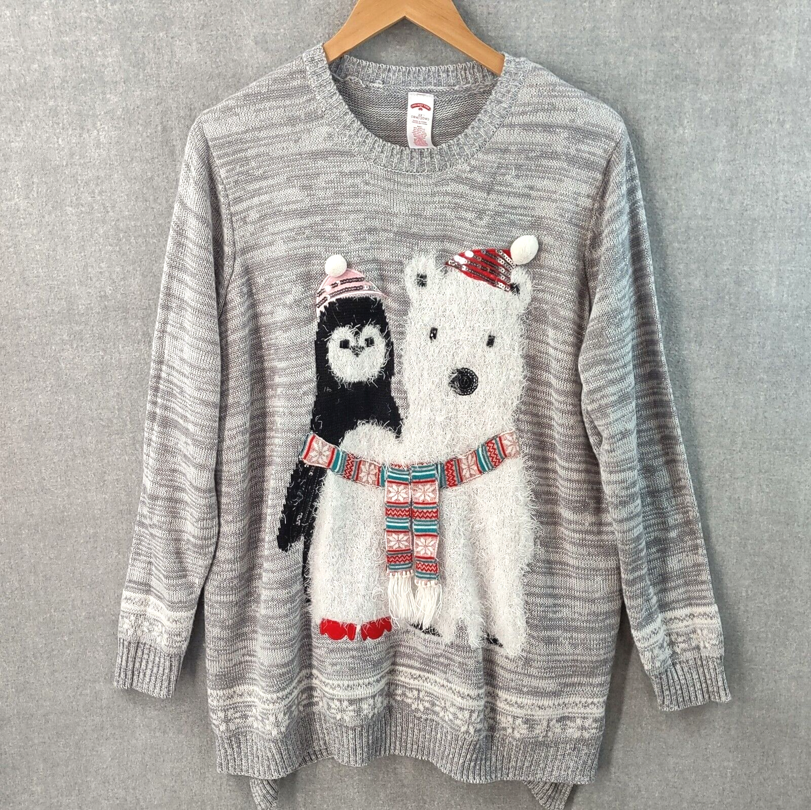 Holiday Time Penguin Polar Bear Sweater Women 2XL Gray Fuzzy Winter Knit Holiday