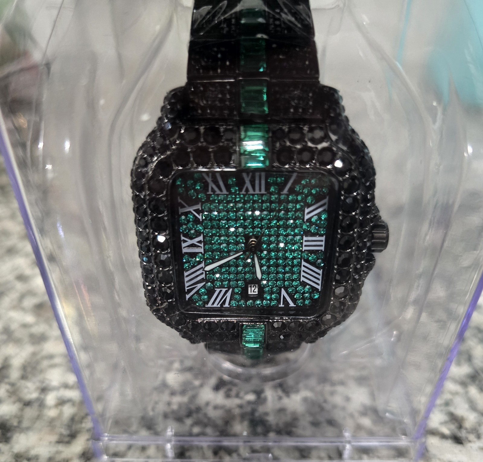 AJ_Accessories_43mm Iced Out Black Watch with Green AND Black VVSCZ Crystals New