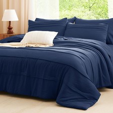 Comforter Set Queen Navy Blue 7 Pieces Soft Pinch Pleat Bed in a Bag with Sheets