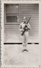Vtg B W Snapshot US Army Soldier Uniform Holding Rifle Gun Military Base 1940s