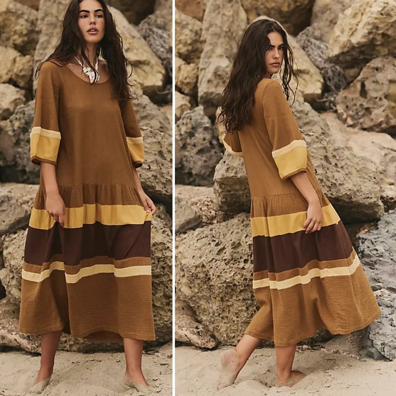 Free People Manda Midi Dress NWT Bronze Brown Colorblock S
