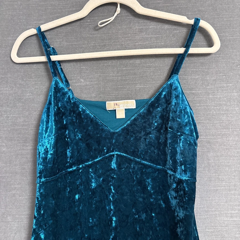 Vestido Michael Kors M Azul Terciopelo Aplastado Babydoll Sin Mangas Maxi Vestido Formal Noche Foto 4 de 4