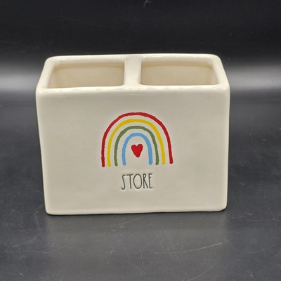 Rae Dunn Rainbow Love Heart  STORE Ceramic Cosmetic 2-Hole Storage Holder