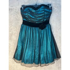 VTG Y2K Prom Dress Size 13 Teal Satin Black Tulle Velvet Trim Whimsygoth Skater