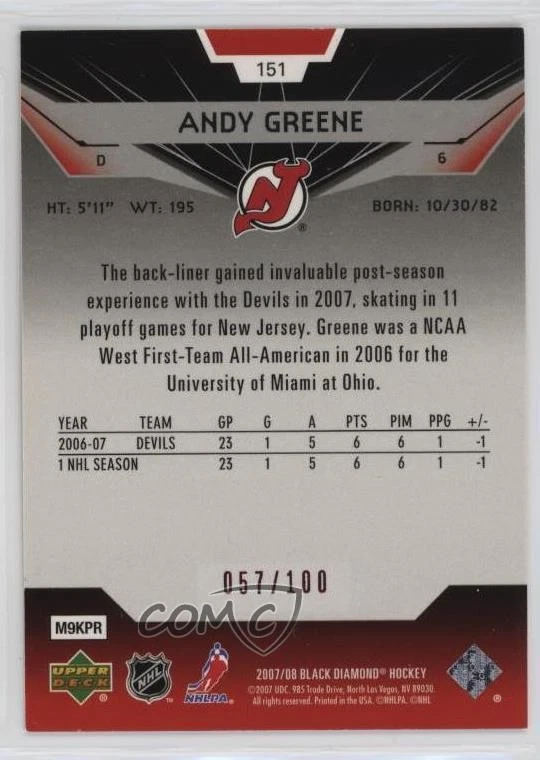 2007-08 Upper Deck Black Diamond Gems Ruby /100 Andy Greene #151 Rookie RC - Image 2 of 2