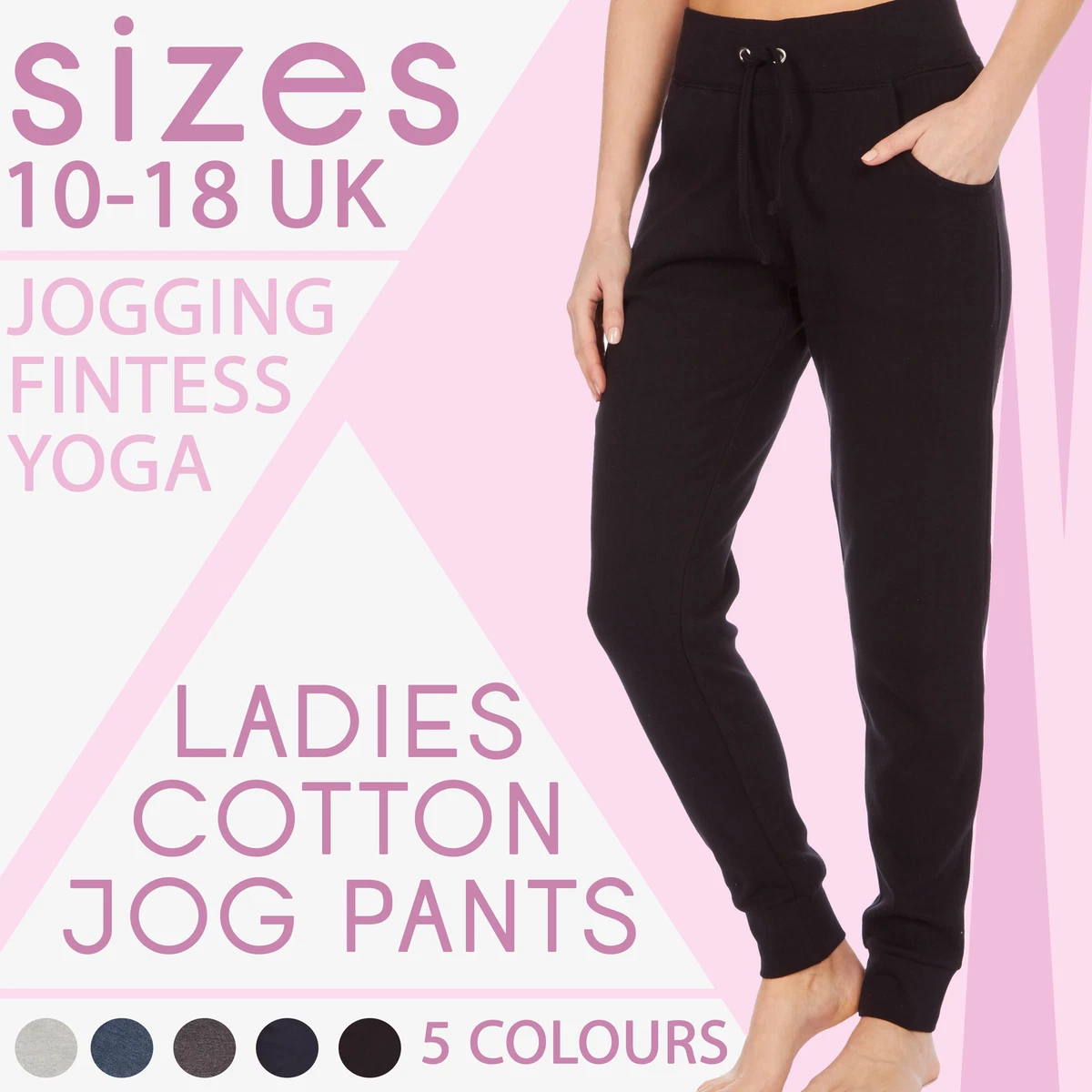 Ladies Jog Pants Womens Joggers Lounge Pants Cuffed Hem Black Size