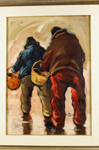 unleserlich signiert Mennar Monnar Ölgemälde zwei Männer expressiv Rahmen 96x75 - Picture 2 of 5