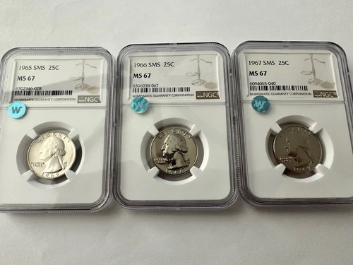 Washington Silver Quarter 1965-67 SMS NGC MS67 Sight white