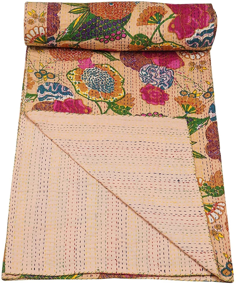 Colcha 100 % algodón Kantha edredón estampado de frutas colcha King Throw indio Gudari Foto 2 de 4