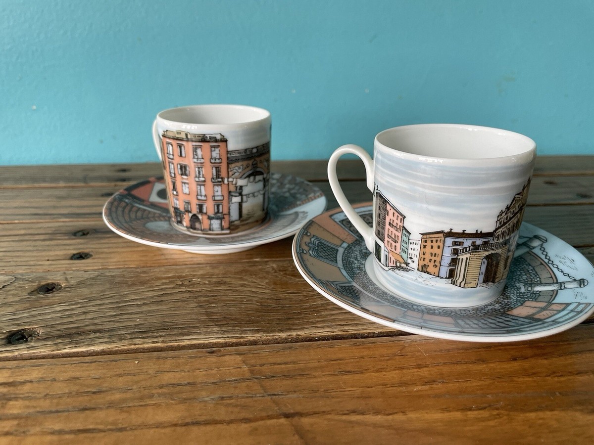 Fornasetti Rosenthal CITTA D'ITALIA Set 2 Espresso Cups Saucers