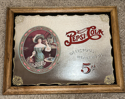 VINTAGE PEPSI COLA FRAMED BAR MIRROR SIGN MAN CAVE SODA