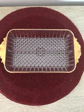 Vintage Glass Relish Dish-2 Section-Gold Rim & Handles-Bubble Design-10 Inch