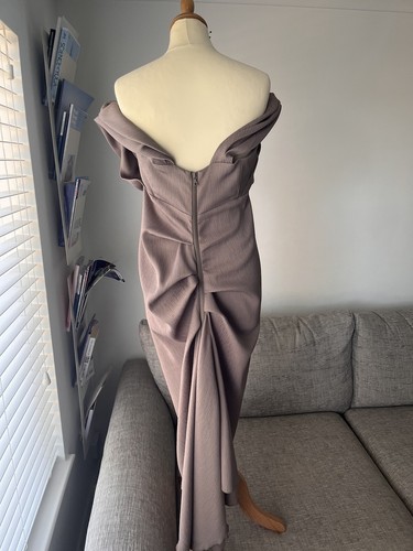 Kevan Jon Taupe Brown Crepe Sian Drape Off Shoulder Dress - Size 14/16 KJ Size 4 - Picture 4 of 16
