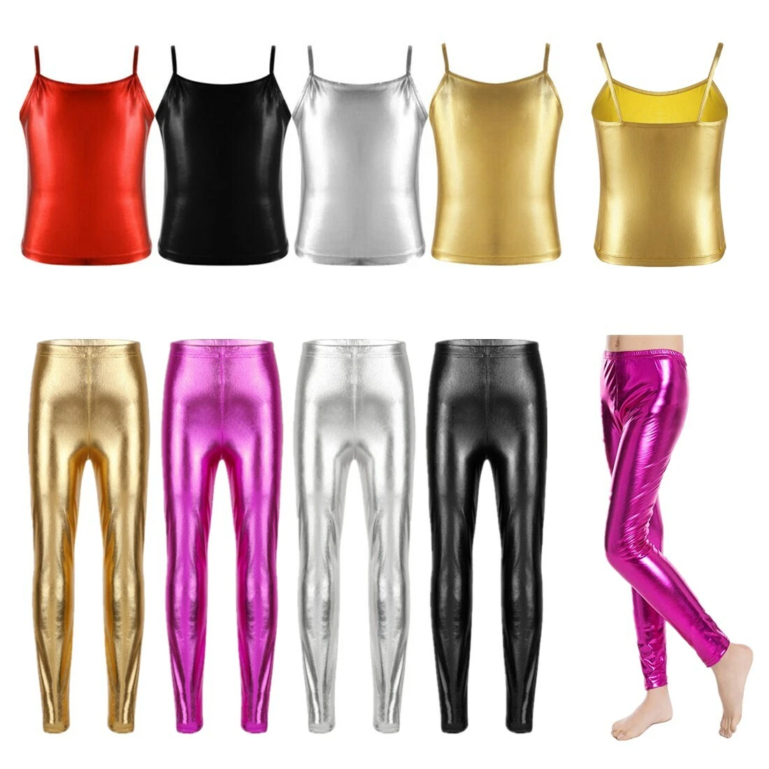 Kids Girls Metallic Leggings Pants Gymnastics Shiny Tank Top Dance Stage  Costume