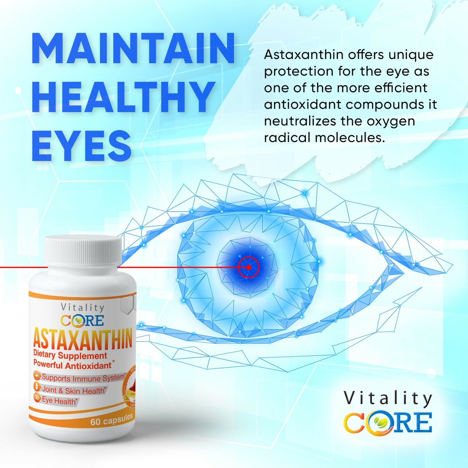 Astaxanthin supports Healthy Skin, Eye, Joint, Immune System