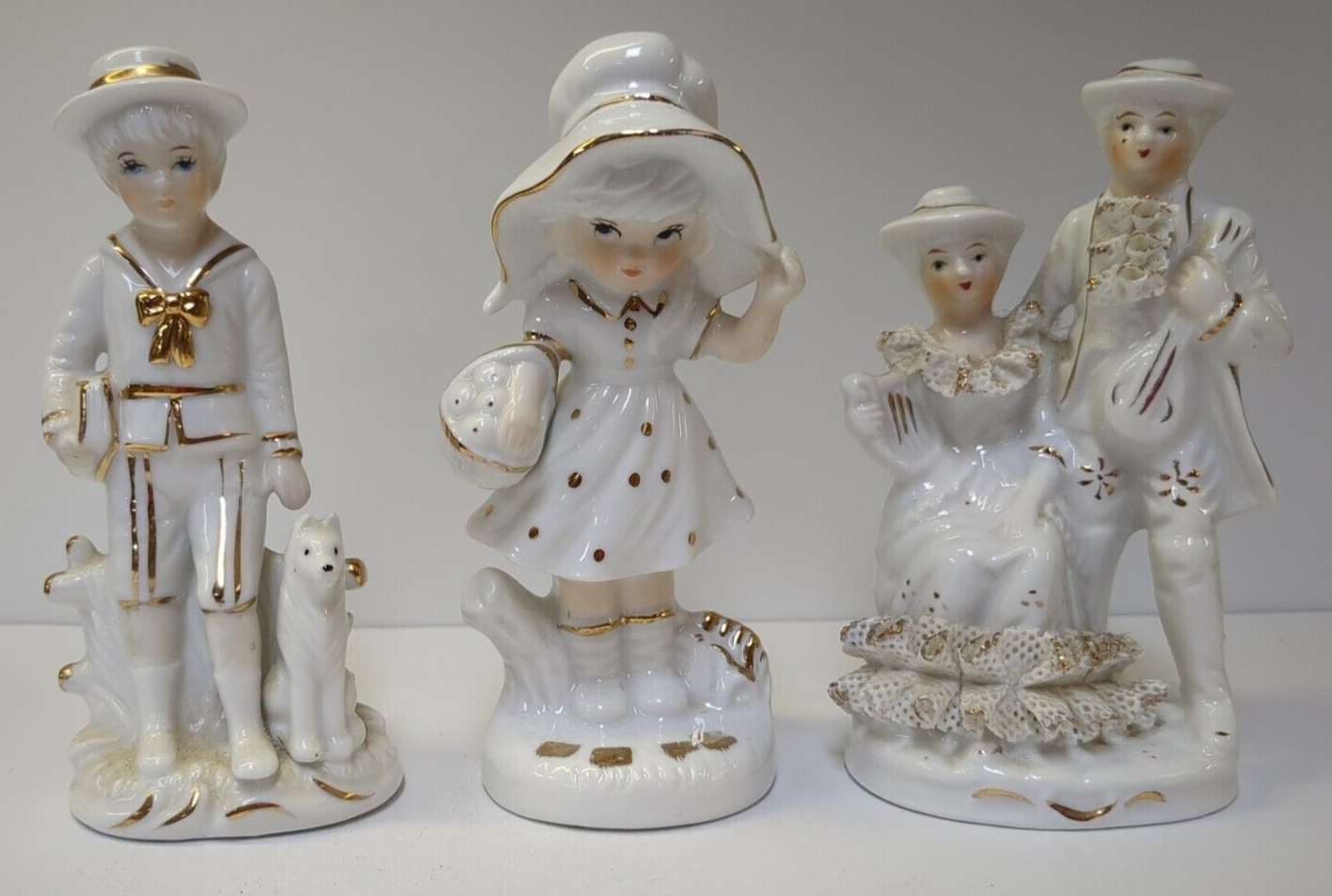 Boy And Dog Girl With Eggs Fancy Couple Antique Ceramic Figurines Gold Trim