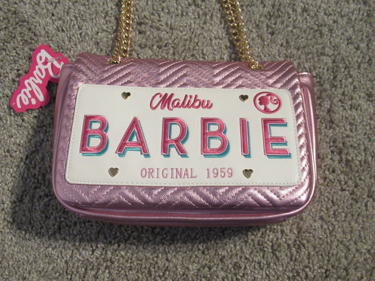 Malibu Barbie Skinny Dip License Plate Crossbody Bag Metallic Pink w/ Chain  NWT