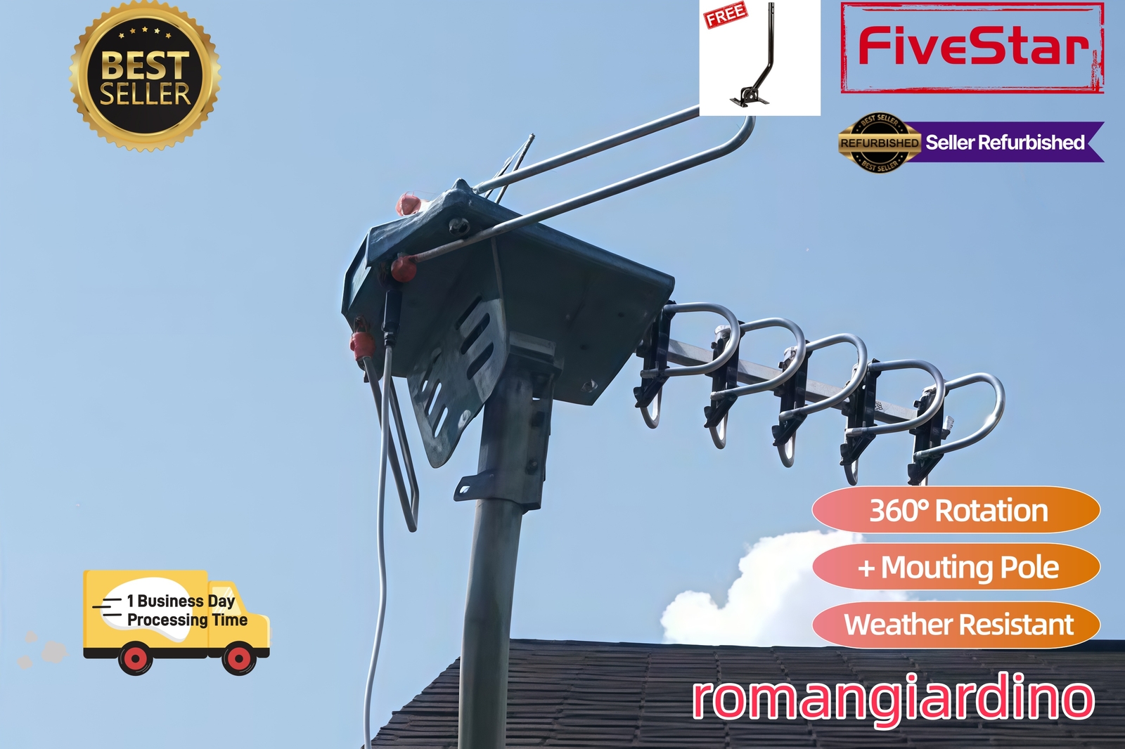 Hot Deal Outdoor TV Antenna Pole Motorized Amplified HDTV 1080P 4K 360° Rotation