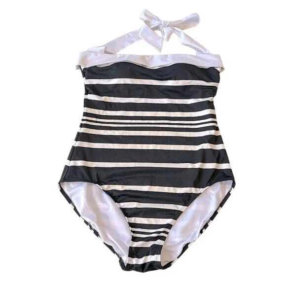 Ralph Lauren Kaylee Stripe Bandeau Mio One Piece Swimsuit Size 10 Black White - Image 3 of 4