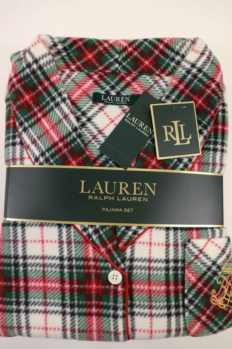 NWT 75 RALPH LAUREN Size L Women s L S Ivory Tartan Plaid Fleece Pajama Set