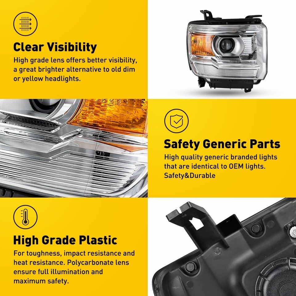 Pair Headlights Assembly For GMC Sierra 20142019 Headlamp Chrome Amber
