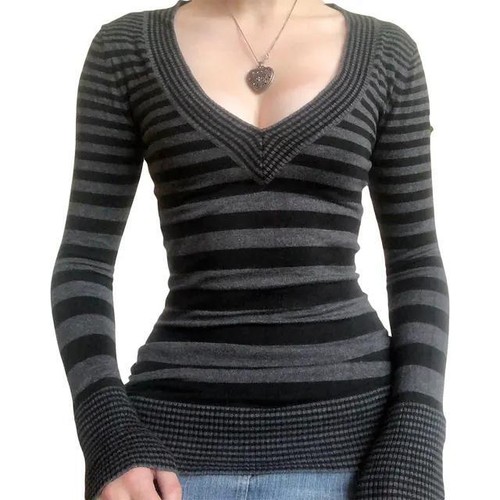 Maglietta Y2k maglia top fata grunge vestiti donna righe scollo a V manica lunga - Foto 25 di 25