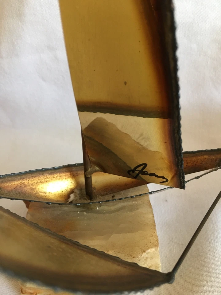 2 Vintage Brass Sailboats Mid Century Modern Mario Jason Nautical Onyx Stone - Image 2 of 4
