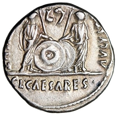 Augustus AR Denarius ''Caius & Lucius Caesars, Lituus & Simpulum'' Good Very Fine