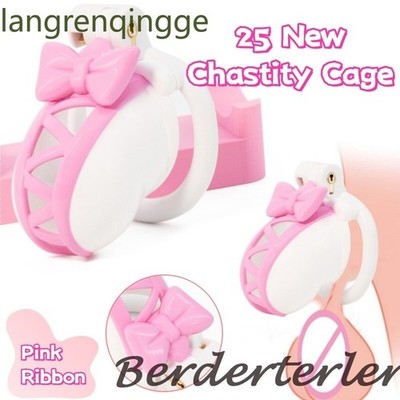 Chastity Cage Pink Ribbon Male Rings Escape Prevention Couple Lock Four Rings