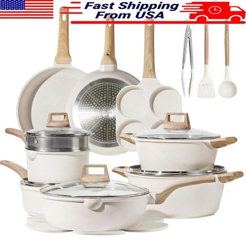 21 Piece Nonstick Cookware Set Induction Pots Pans White Granite Saucepans New