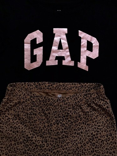 Gap Black Logo Shirt & Leopard Print Leggings Outfit Size L - 10 - Picture 2 of 7