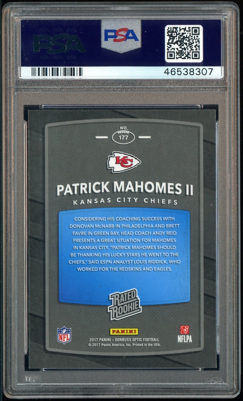2017 Donruss Optic #177 Patrick Mahomes II Chiefs RC Rookie PSA 10 GEM MINT view 2