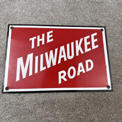 Vintage THE MILWAUKEE ROAD Porcelain SIGN Train Station Freight RAIL Road Gas