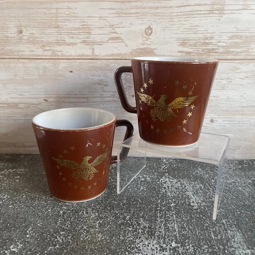 Pyrex Early Americana Gold Eagle Brown 1410 Milk Glass 10 Oz Coffee Mug Lot of 2