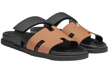 Hermes Chypre Sandal Mens Black Naturel Safari Leather H Logo Slide Flat 45 12