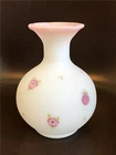 Vintage Fenton Vase White Satin W/ Pink Morning Glory Rim + Raspberries &Flowers