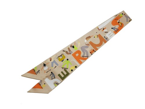 HERMES Twilly Scarf 100% Silk FIGURES LIBRES Beige Green Orange Multi w/Box R355 - Picture 2 of 4