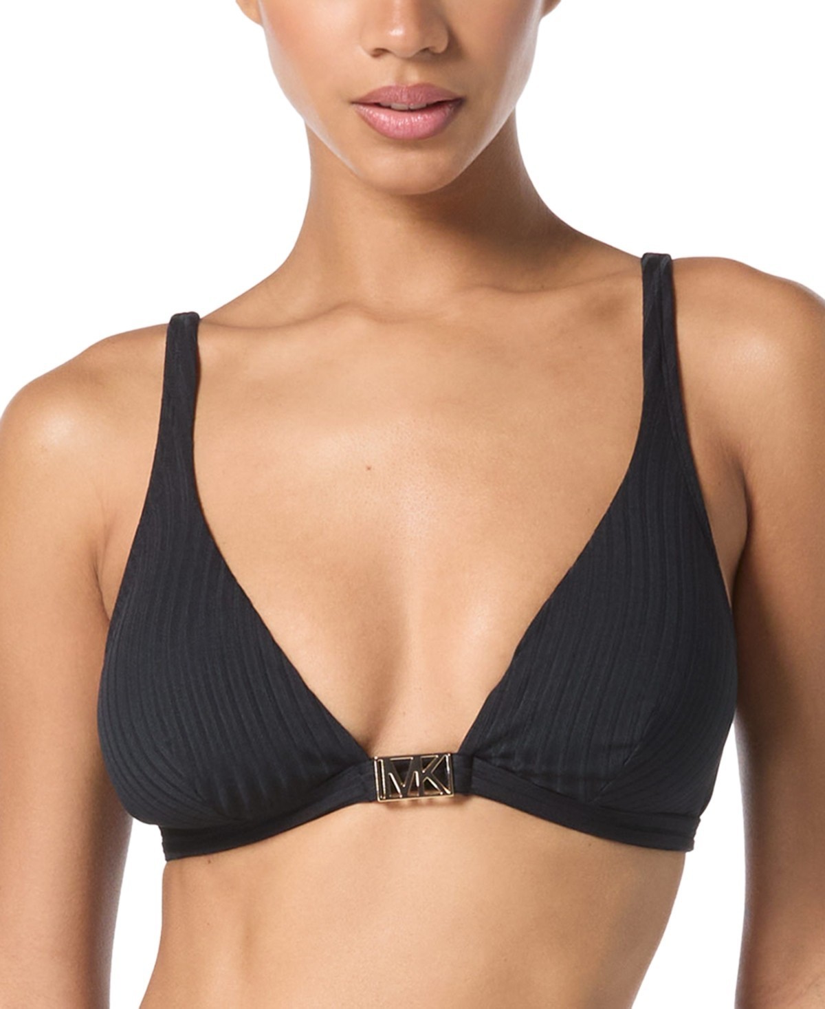 MICHAEL Michael Kors Women's Ribbed Hardware V-Neck Bikini Top Black Size M 2482