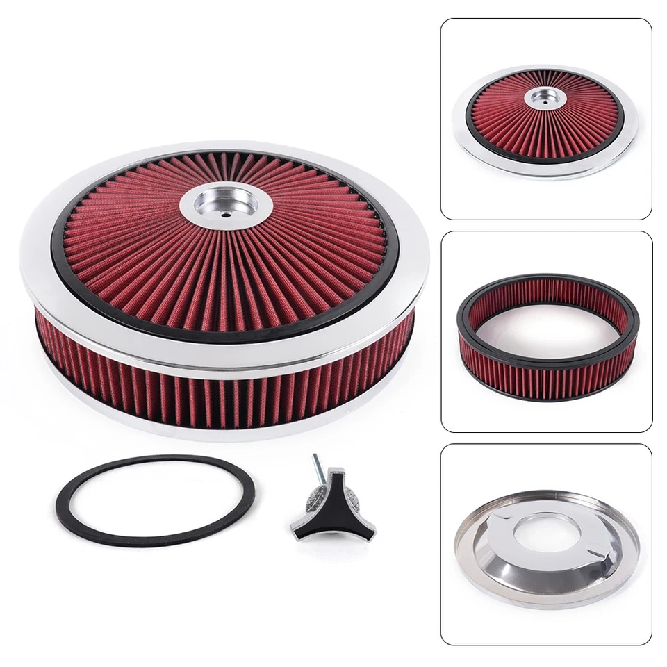 High Flow 14"x3" Red Round Thru Washable Air Cleaner w/ Chrome Lid For SBC BBC - Image 4 of 4