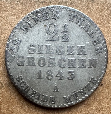 GERMAN STATES PRUSSIA 1843-A 2 1/2 SILBERGROSCHEN KM444 SILVER FRIEDRICH WILHELM