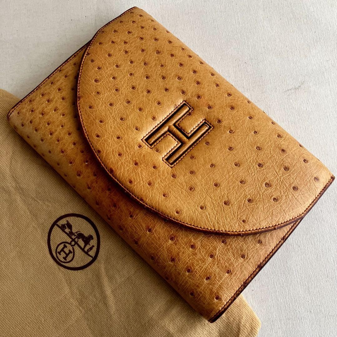 Hermes Chestnut Ostrich Leather Clutch Evening Bag Small Designer Purse