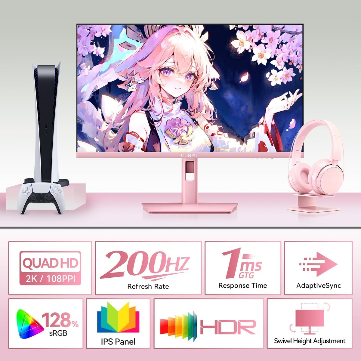 27 Inch Pastel Pink Gaming Monitor QHD 2560X1440 180/200Hz 1Ms GTG