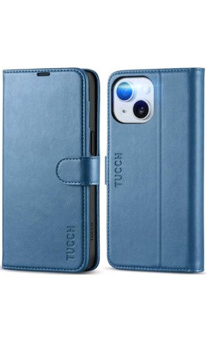 TUCCH Leather Wallet Case Card Holder for iPhone 15 6.1 inch - Lake Blue - 第 1/8 張圖片