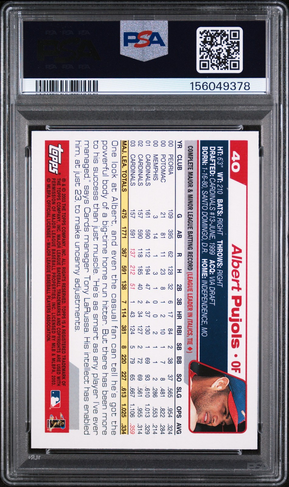 2004 TOPPS #40 ALBERT PUJOLS PSA 10 view 2