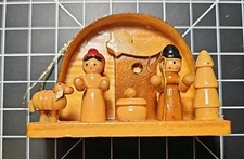 German Handmade Wooden Christmas Nativity Manger Scene Ornament 2 x 3”